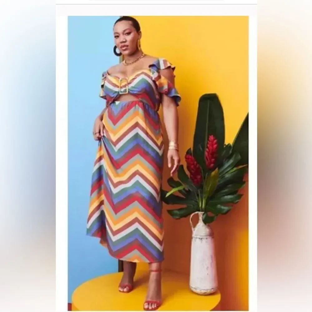 Eloquii Ruffle Strap multicolor Chevron Dress